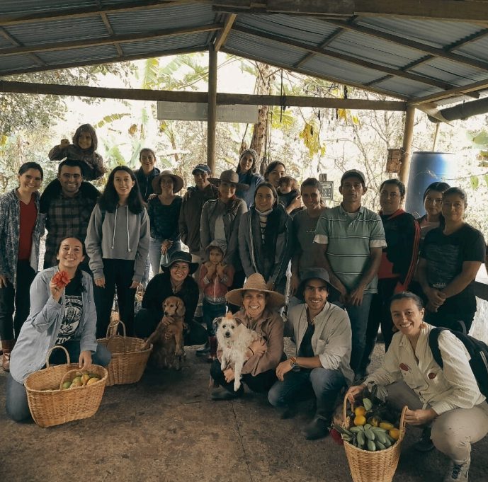 Grupo de familias y agricultores reunidos con canastas de frutas y verduras